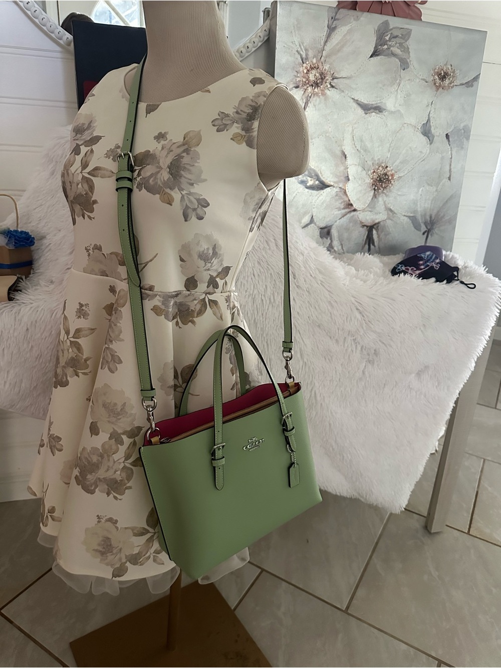 Coach Pistachio Green Leather Satchel with Pink Interior